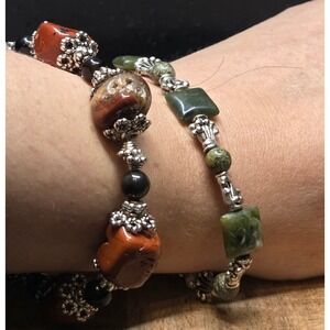 Vintage Boho Stone Bracelet Lot Red Jasper Green Jade Onyx Silver Tone Set Bali